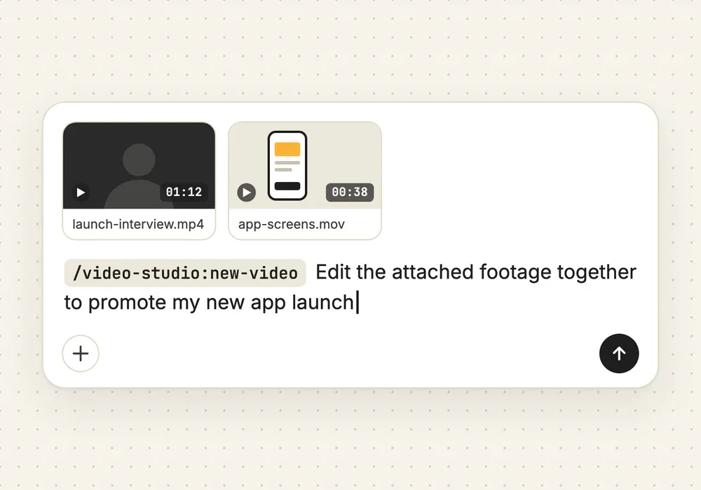 A new video started in Claude: the /video-studio:new-video command, two attached clips and the request to edit them into an app launch video