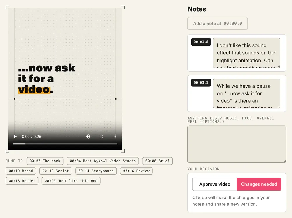 The video review page in Wyzowl Video Studio, with notes pinned at 1.8 and 3.1 seconds