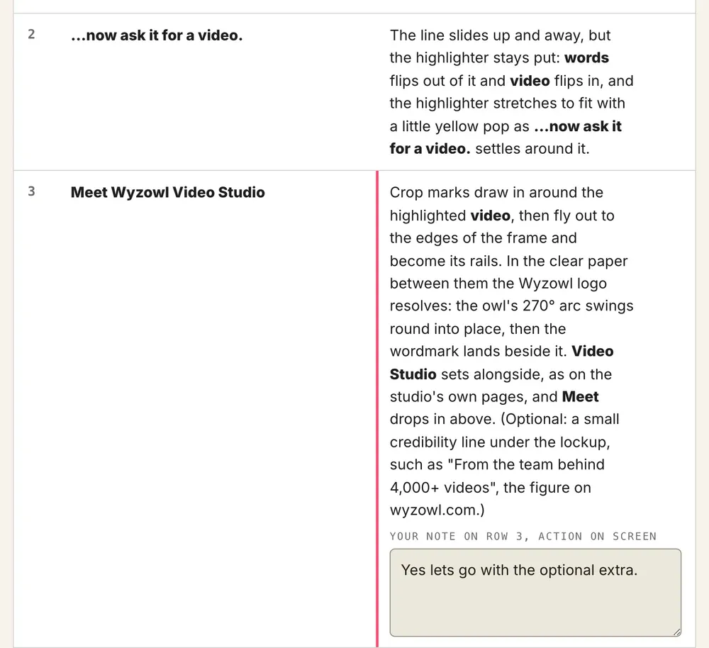 The script review page in Wyzowl Video Studio, with a note on row 3