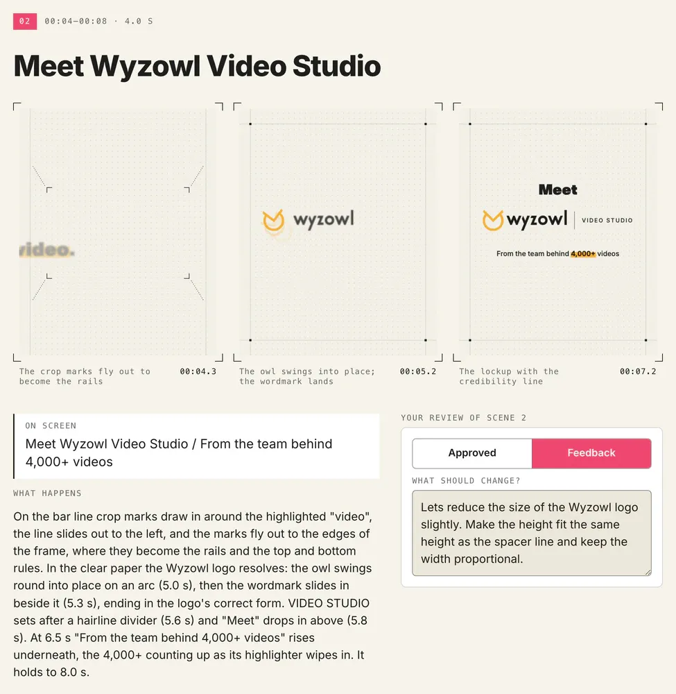 A storyboard scene in Wyzowl Video Studio, marked Feedback with a note on the logo's size